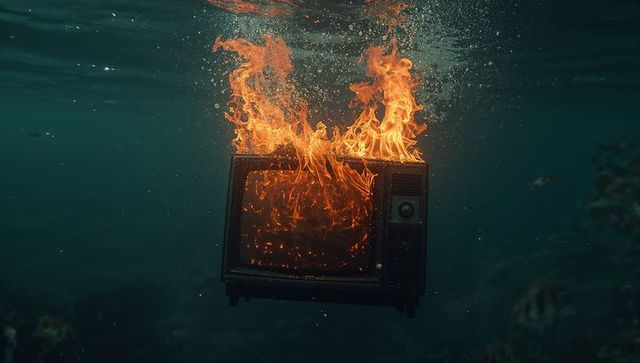 Burning vintage tv underwater with flames erupting