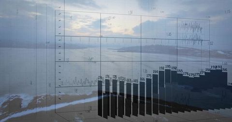 Transparent 3D Bar Chart Overlaying Moody Coastal Sunrise for Visualization and Analytics