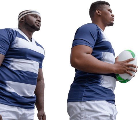 Confident rugby players in action on transparent background