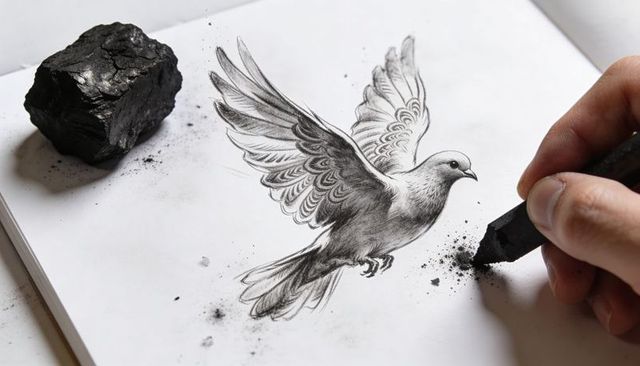 Artist sketching charcoal dove with outstretched wings on sketchbook, hand shading detail monochrome
