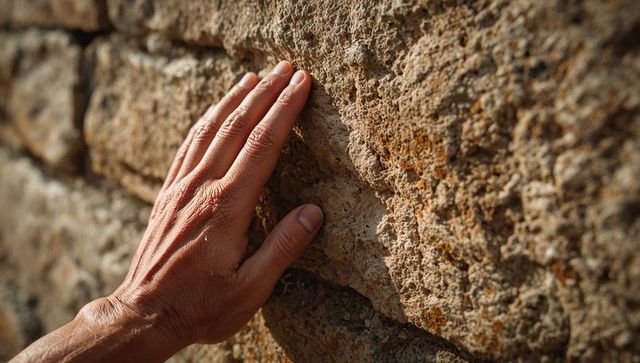 Adult hand touching weathered stone wall with lichen, sunlit texture and tactile detail