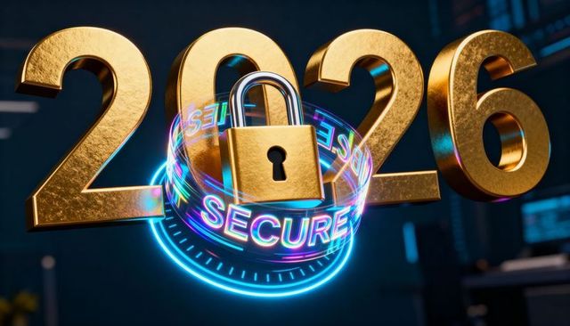 2026 secure padlock concept featuring gold numerals, neon secure ribbon and cyber lock