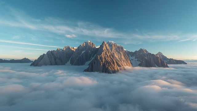 Sunlit jagged mountain peaks rising above sea of clouds at sunrise