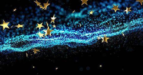 Flowing cyan particle ribbon carrying gold stars across dark cosmic sparkling space