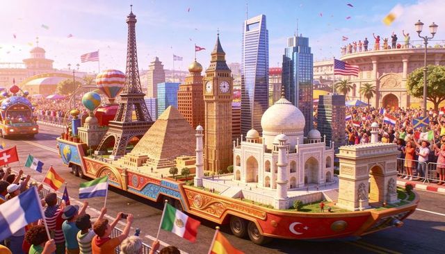 Colorful parade float featuring miniature world landmarks rolling through city streets