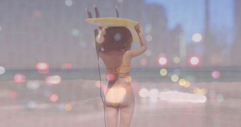 Young Woman Surfing Adventure with Stunning Evening Cityscape