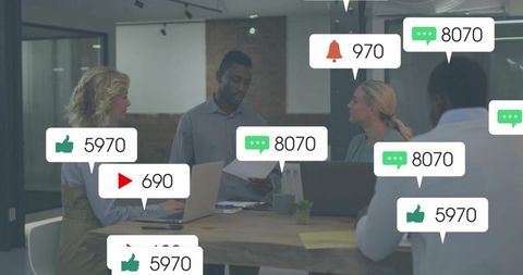Team collaborating and reviewing documents with social media engagement metrics overlay