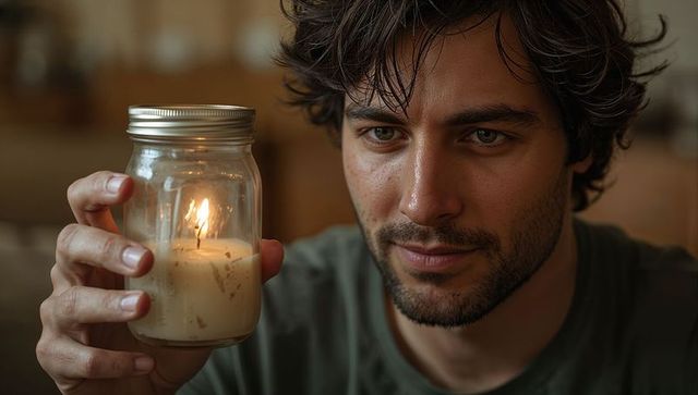 Contemplative man holding mason jar candle, warm candlelight portrait, cozy living room
