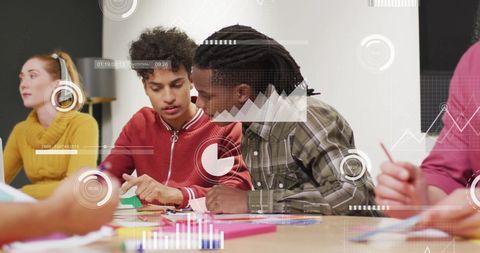 Diverse Business Team Analyzing Financial Data with Tech Overlays