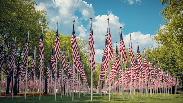 Rows of american flags in green park spacious view