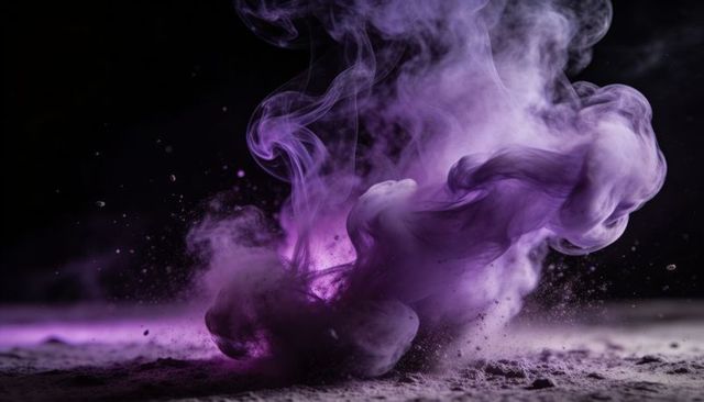 Billowing violet smoke plume rising over granular surface with powder particles and haze