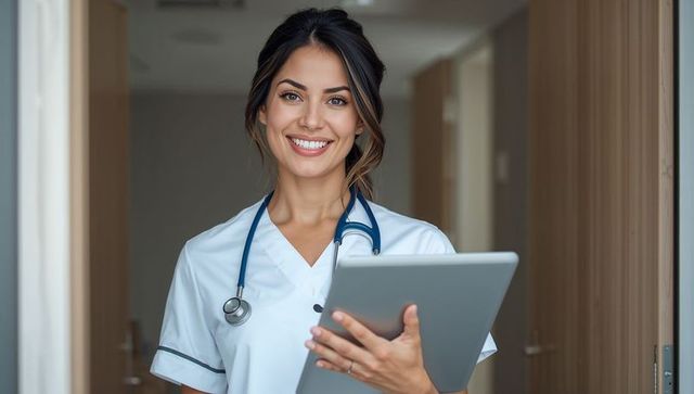 Smiling Nurse Holding Tablet in Hospital Corridor