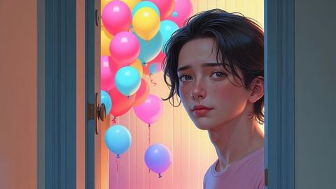 Teen standing in doorway with colorful balloons – shy concept