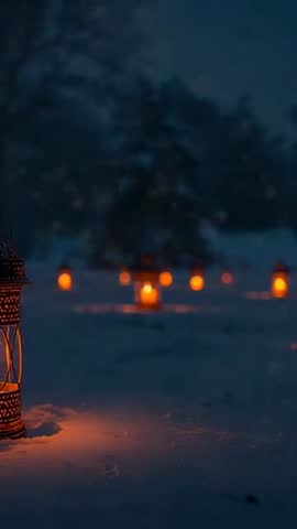 Ornate lantern flickering on snow with glowing candle trail and warm bokeh — vertical video