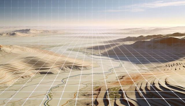 3d desert terrain wireframe with contour lines and grid mesh for geospatial visualization