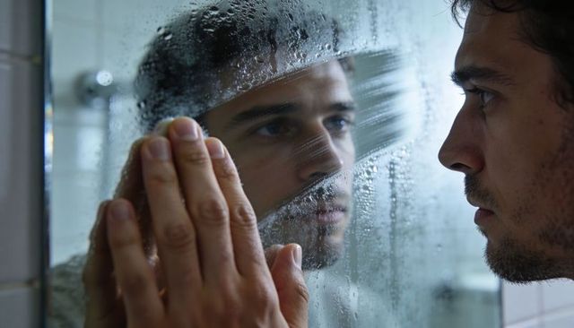 Man pressing hand on fogged shower glass tracing reflection, moody introspective bathroom portrait