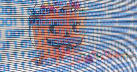 Vibrant street mural featuring smiling woman with floral crown and blue binary overlay