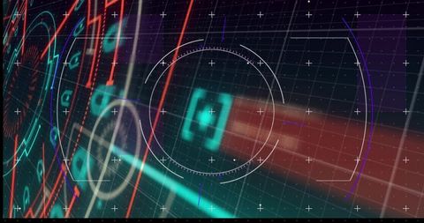 Displaying Futuristic Holographic HUD with Circular Reticle and Neon Data Grid