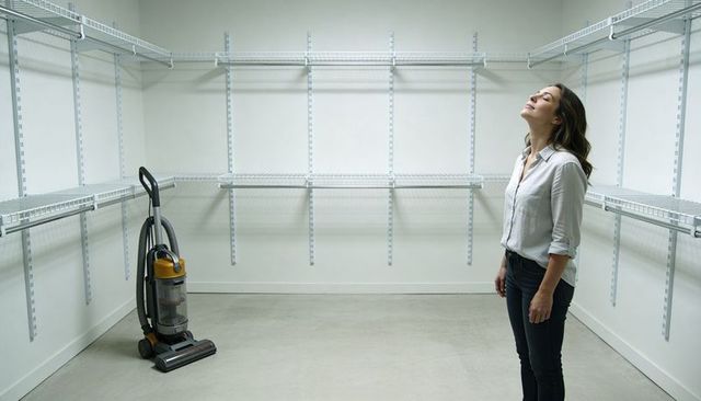 Woman admiring spacious minimalist walk-in closet with shelving and vacuum