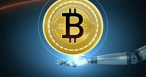 Ai robot hand holding holographic bitcoin coin over blue digital circuitry