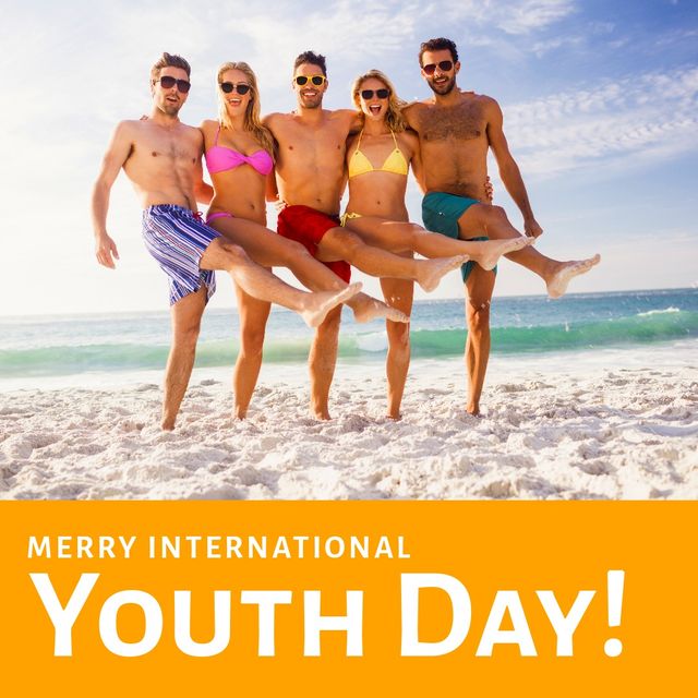 Image of merry international youth day and happy caucasian female and male friends on beach. Friendship, human relationship, youth and spending time together concept.