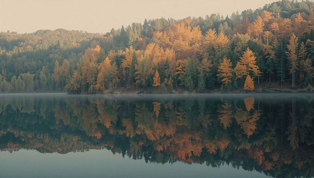 Autumn Foliage Reflecting on Lake with Mist Hovering