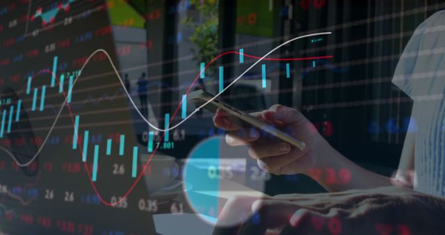Person using smartphone to analyze financial data, with overlay of digital stock market charts. Useful for financial analysis, stock market insights, technology in finance, and data visualization topics. Applicable for business, investment strategy, and economic forecasting articles.