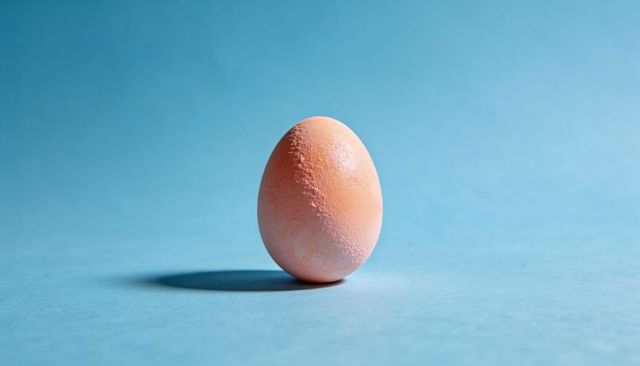 Standing brown egg on blue background casting soft shadow minimalist still life