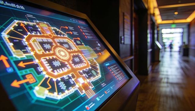 Displaying interactive touchscreen wayfinding kiosk showing illuminated hotel floor plan