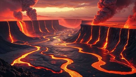 Molten lava rivers in volcanic canyon at fiery hell sunset