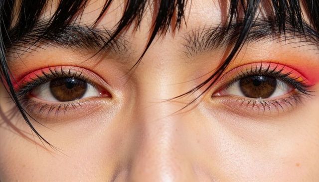 Young woman showing close-up brown eyes with coral-pink gradient eyeshadow and lashes