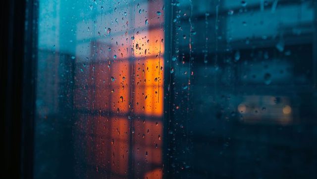 Moody urban evening through rain-covered glass pane