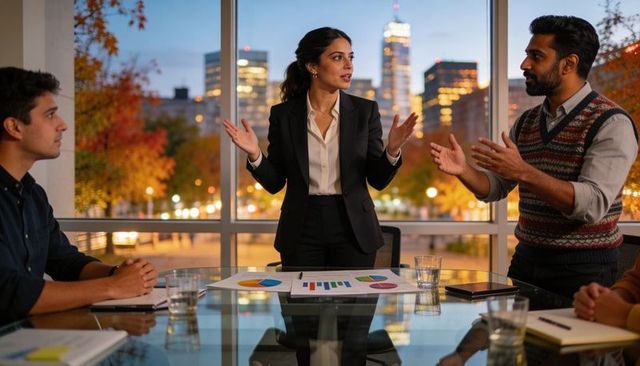 Businesswoman leading evening strategy meeting with diverse team and colorful charts