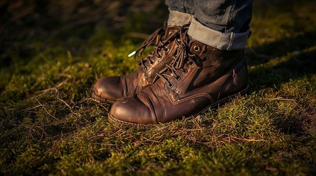 Worn brown leather boots standing on moss catching golden sunlight with cuffed denim