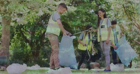 Volunteers Cleaning Park with Financial Interface Overlay