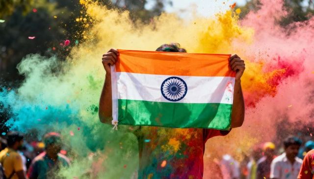 Vibrant holi celebration holding indian flag amid color powder clouds