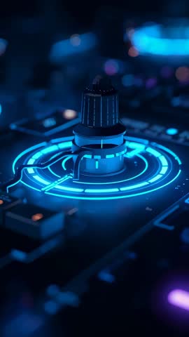 Vertical video pulsing LED rings and rotating control knob glowing on futuristic tech console