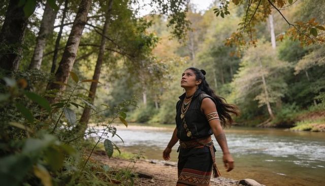 Contemplative woman walking riverbank wearing traditional woven dress and bead necklaces