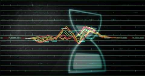 Neon waveform crossing glowing hourglass on dark grid dashboard for time analytics