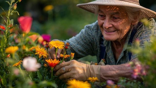 Senior woman tending vibrant marigolds in sunlit garden, smiling in straw hat and gloves