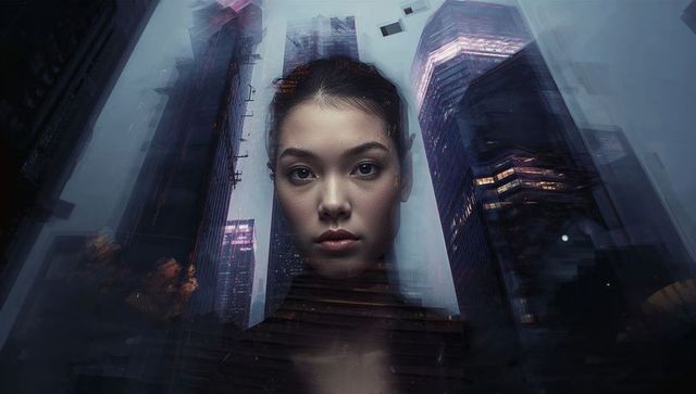 Asian woman double exposure melding portrait neon skyscrapers futuristic night city