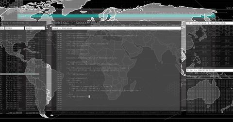 Global cybersecurity dashboard showing terminal code, encryption and world map overlay
