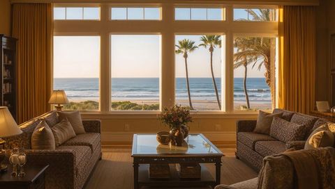 Sunlit Coastal Living Room with Panoramic Ocean View and Palm Trees through Bay Window