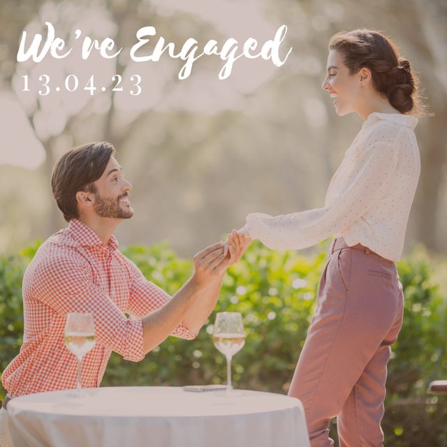 This image captures a romantic proposal with a man on one knee, and a woman happily surprised. Perfect for noteworthy occasions such as engagement announcements, representing themes of love and commitment. Ideal for social media posts, personal announcements, greeting cards, and romance-related content.