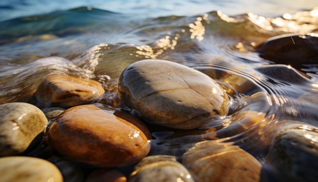Golden sunlit pebble close-up reflecting rippling water on rocky shoreline at sunrise
