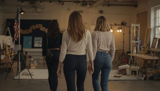 Walking trio of women entering collaborative art studio wearing jeans and casual tops