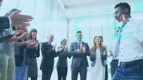 Diverse Business Team Applauding Amidst Digital Interface