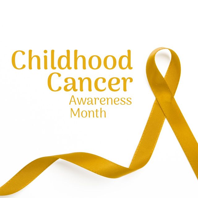 Illustration of gold ribbon with childhood cancer awareness month text on white background. Copy space, vector, cancer, gold, yellow, disease, awareness, support, healthcare and prevention concept.