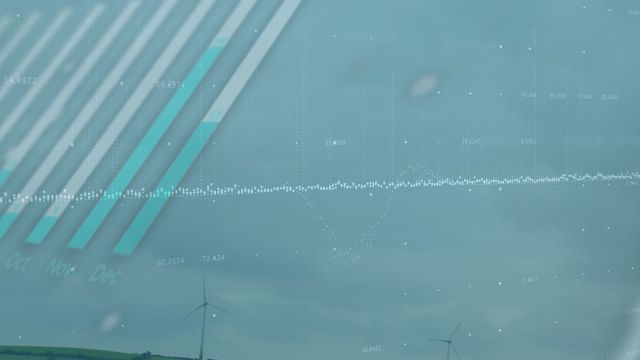 Visualization of wind farm data processing, ideal for illustrating renewable energy research, sustainable technology development, and global data analysis in presentations, articles, and reports. Can be used in topics related to clean energy initiatives, technological advancements in energy, and the intersection of digital solutions with environmental sustainability.