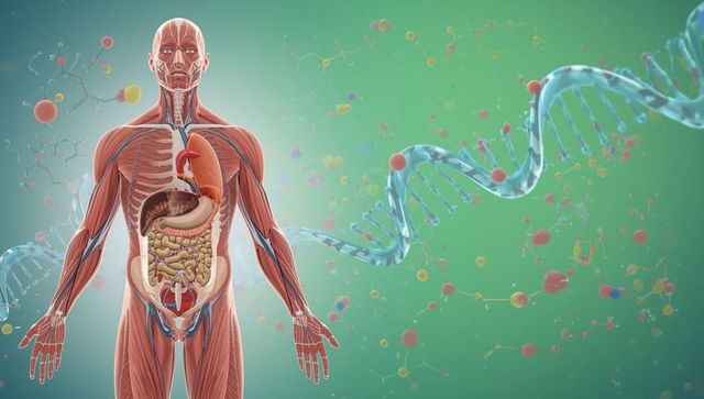 Human anatomy with dna helix and molecular structure background